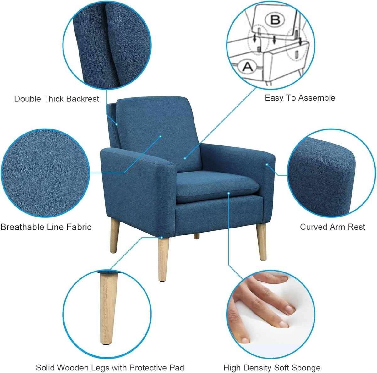 Upholstered Accent Armchair Lounge Chair Solid Wood Legs Blue - Kwikley