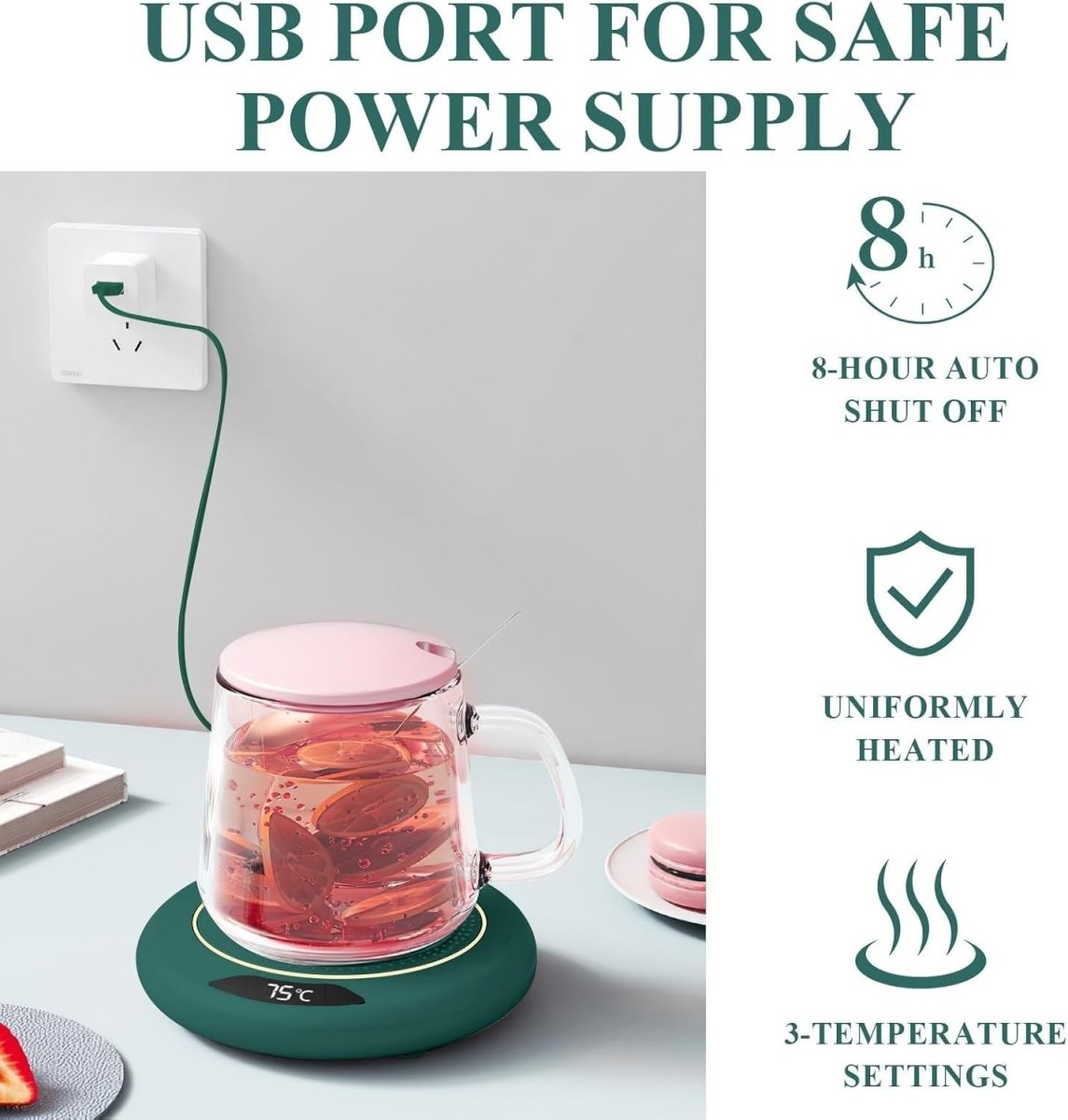 USB Coffee Mug Warmer 3 Temp 8H Auto Off Desk Heater - Kwikley