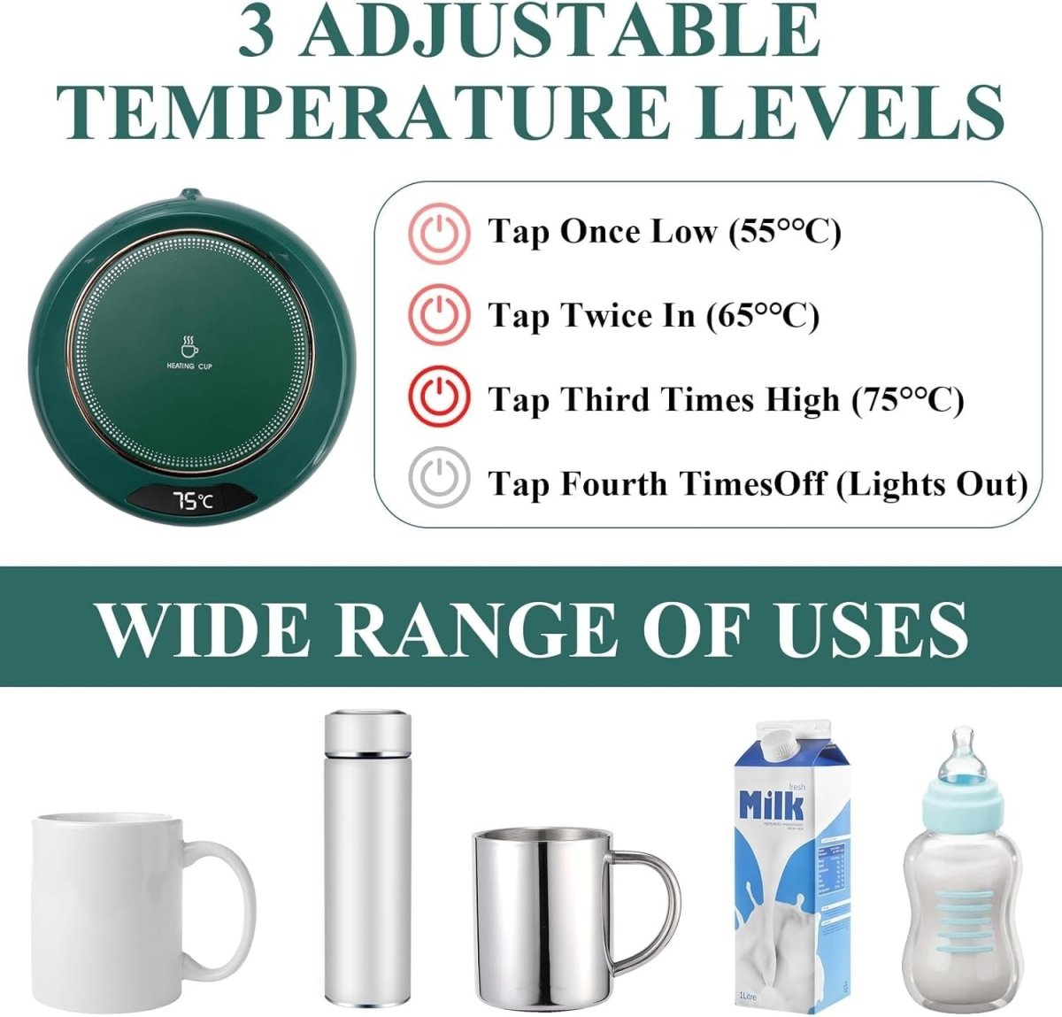 USB Coffee Mug Warmer 3 Temp 8H Auto Off Desk Heater - Kwikley