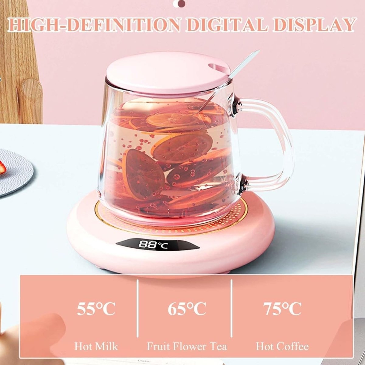 USB Coffee Mug Warmer 3 Temp LED Display Smart Touch Pink - Kwikley