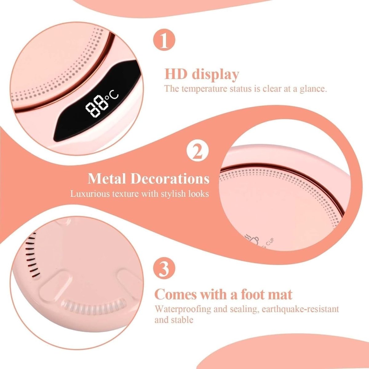 USB Coffee Mug Warmer 3 Temp LED Display Smart Touch Pink - Kwikley