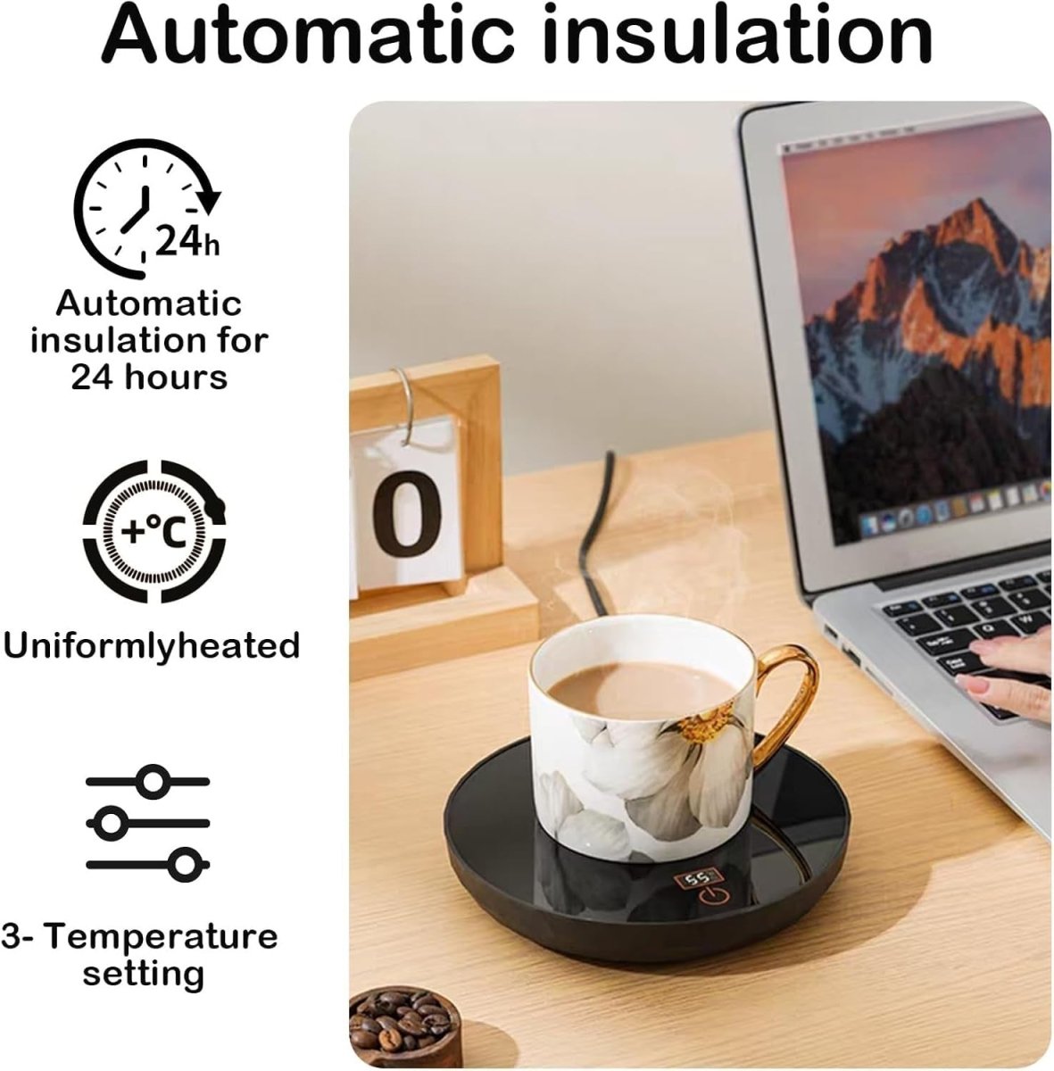 USB Coffee Mug Warmer 3 Temp Settings 24H Auto Shut Off - Kwikley