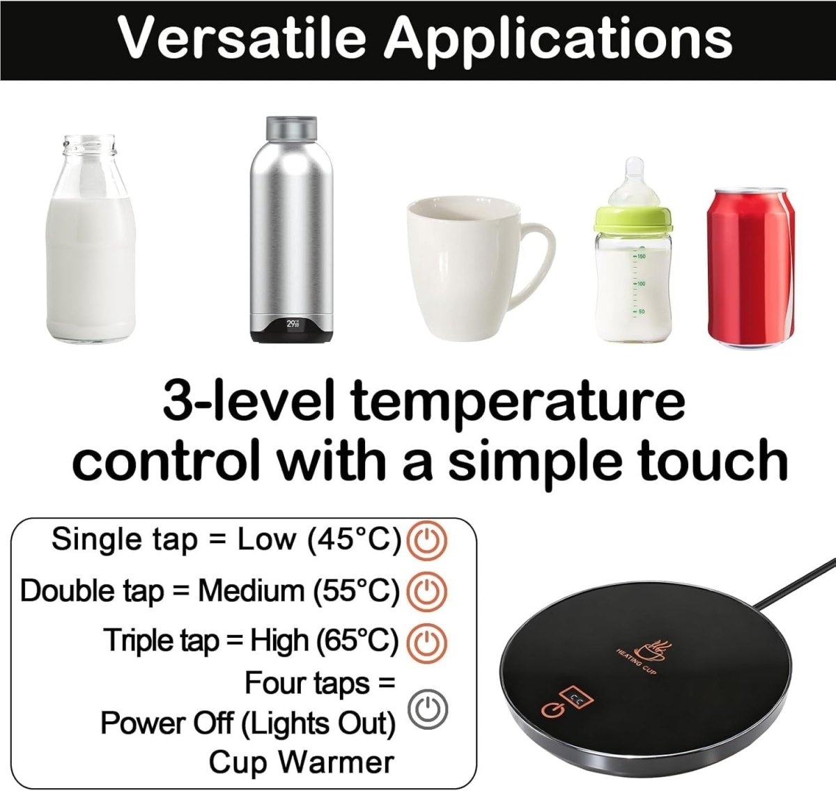 USB Coffee Mug Warmer 3 Temp Settings 24H Auto Shut Off - Kwikley