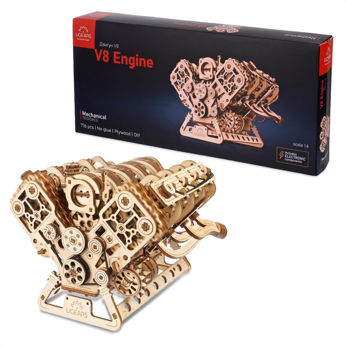 V8 Engine 3D Wooden Puzzle Mechanical Model Kit DIY Engineering Build - Kwikley