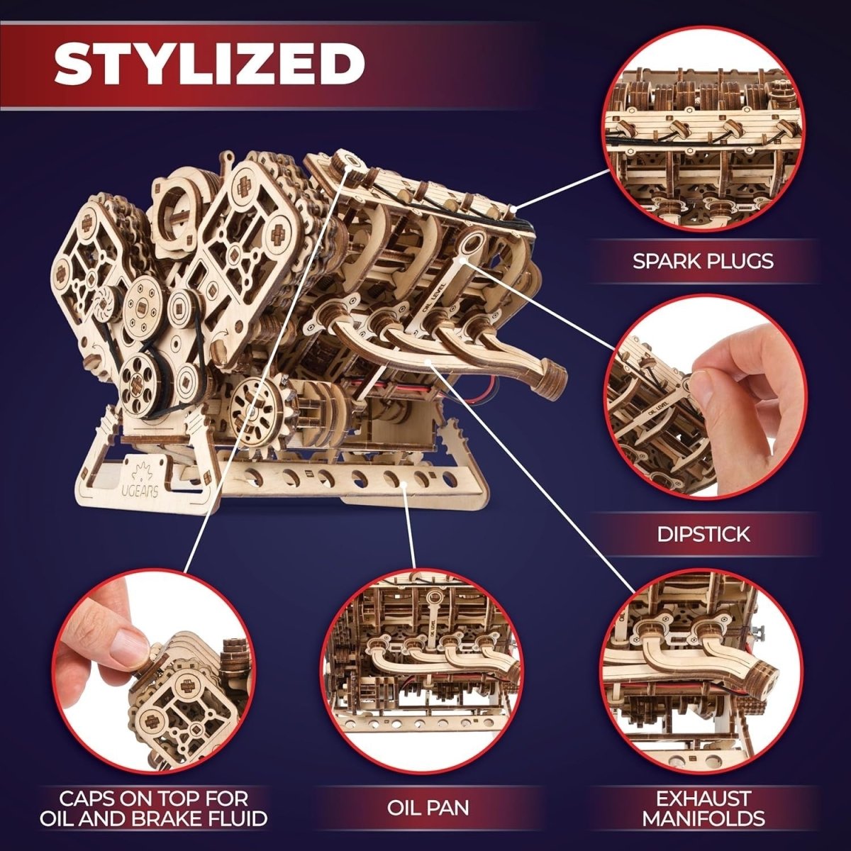 V8 Engine 3D Wooden Puzzle Mechanical Model Kit DIY Engineering Build - Kwikley