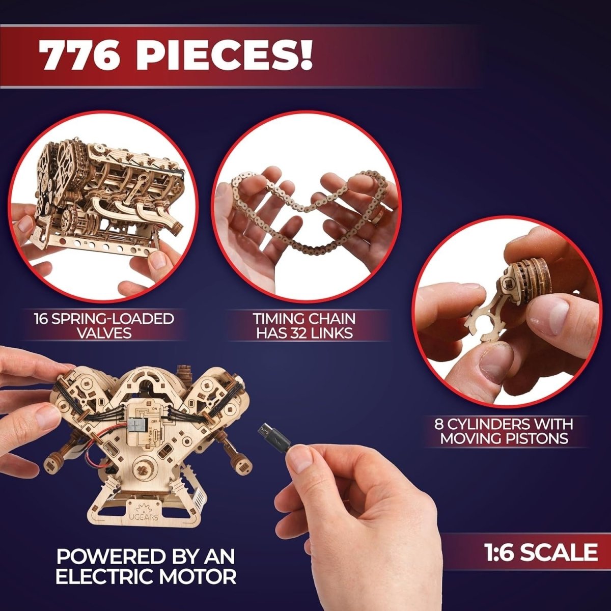V8 Engine 3D Wooden Puzzle Mechanical Model Kit DIY Engineering Build - Kwikley
