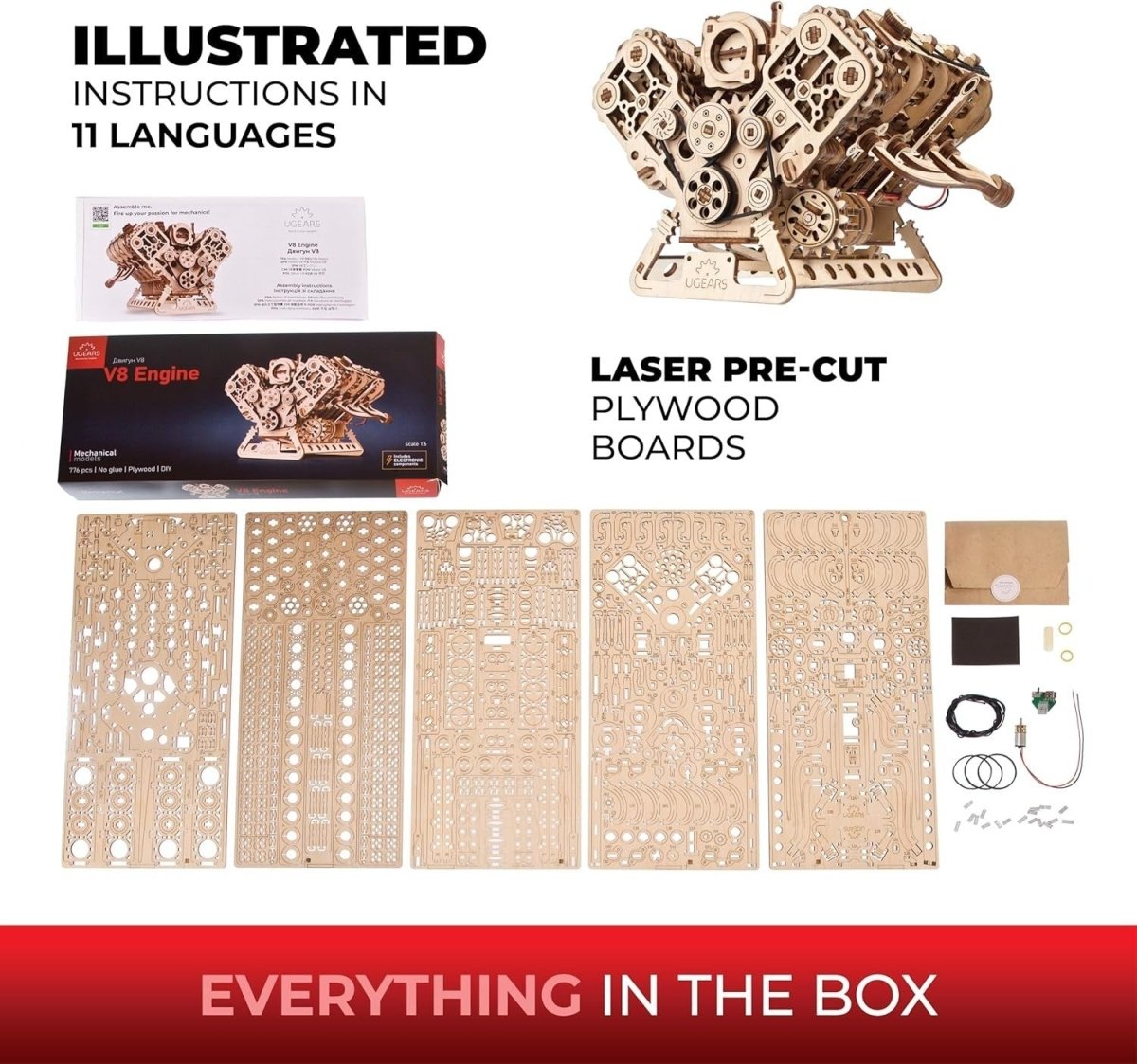 V8 Engine 3D Wooden Puzzle Mechanical Model Kit DIY Engineering Build - Kwikley