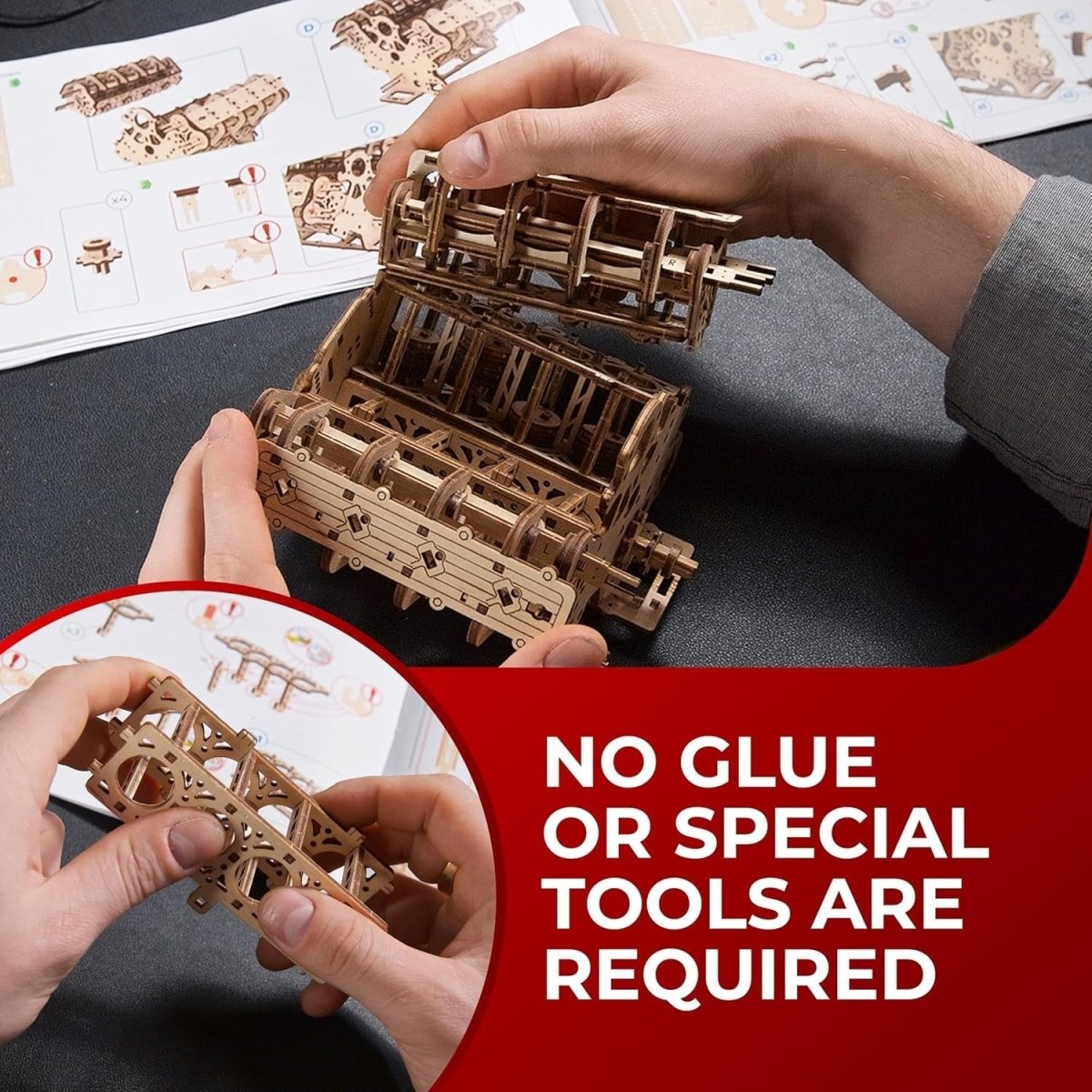 V8 Engine 3D Wooden Puzzle Mechanical Model Kit DIY Engineering Build - Kwikley