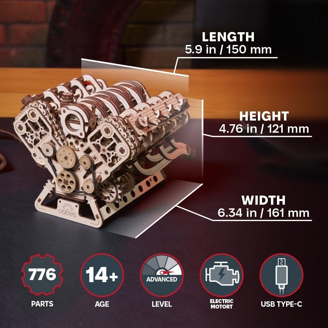 V8 Engine 3D Wooden Puzzle Mechanical Model Kit DIY Engineering Build - Kwikley