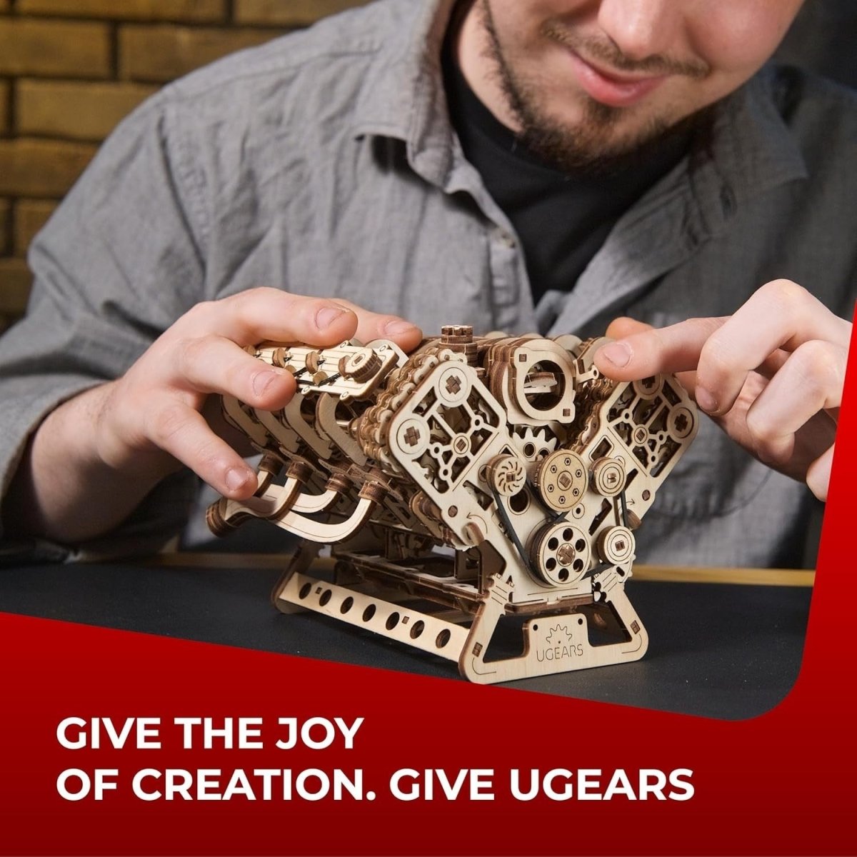 V8 Engine 3D Wooden Puzzle Mechanical Model Kit DIY Engineering Build - Kwikley
