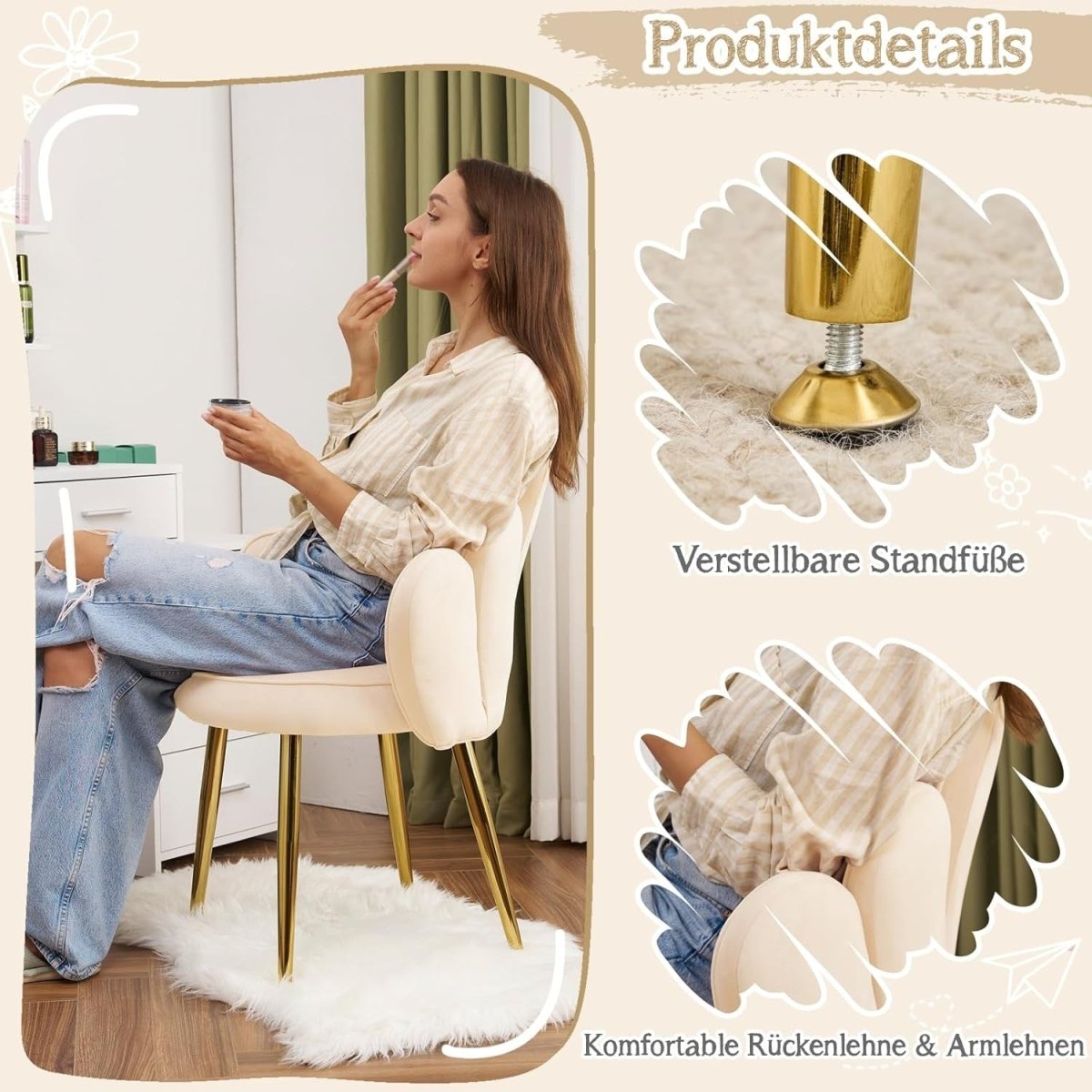 Velvet Accent Armchair Petal Back Vanity Chair Gold Legs Beige - Kwikley
