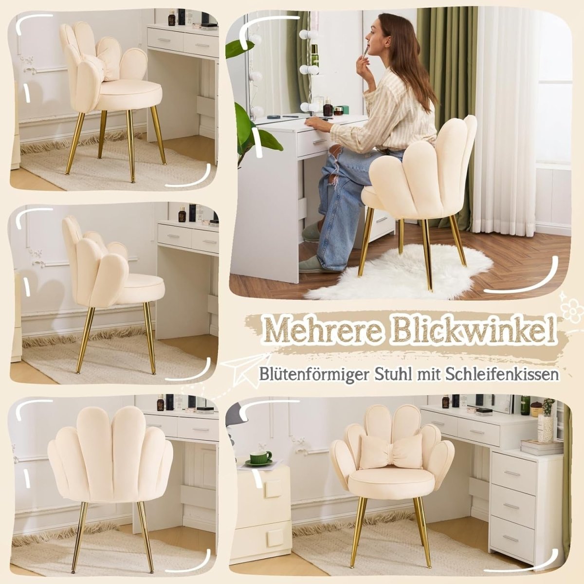 Velvet Accent Armchair Petal Back Vanity Chair Gold Legs Beige - Kwikley