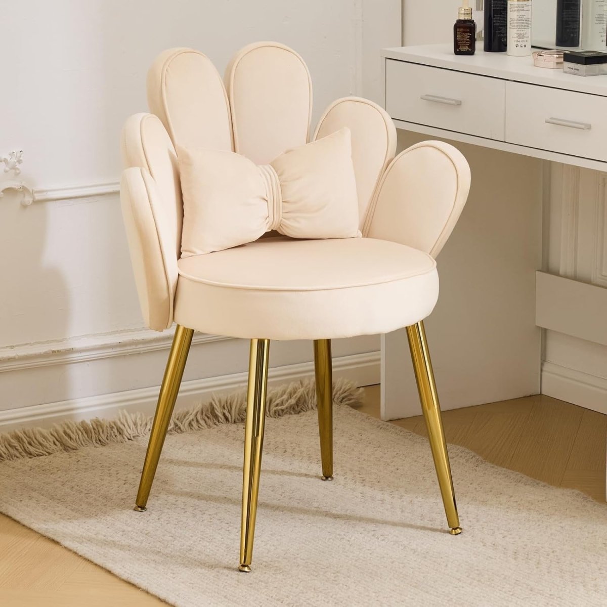 Velvet Accent Armchair Petal Back Vanity Chair Gold Legs Beige - Kwikley