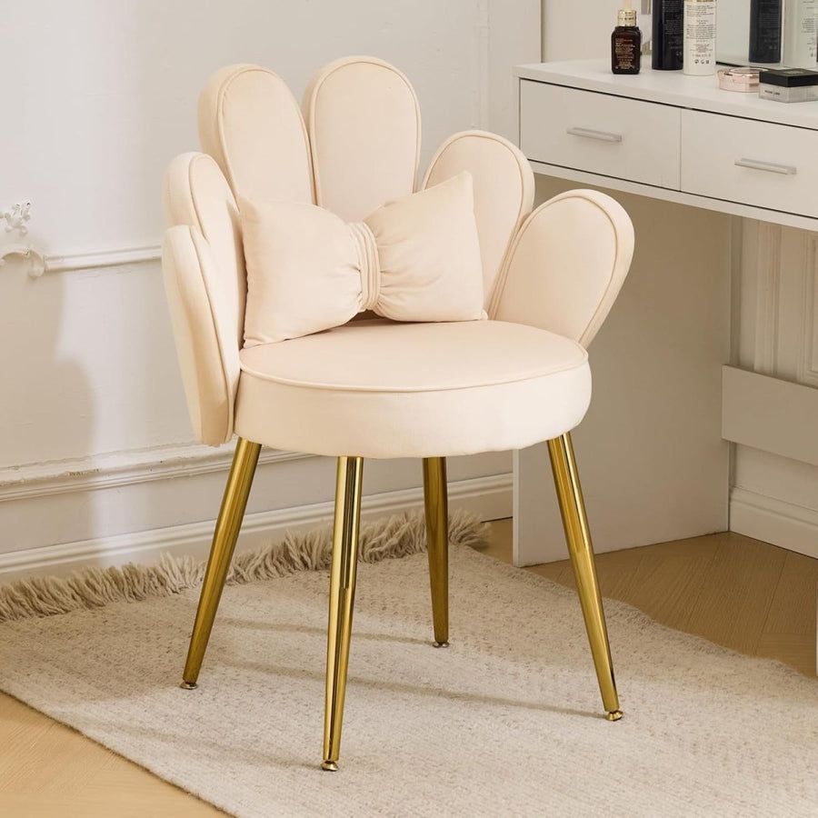 Velvet Accent Armchair Petal Back Vanity Chair Gold Legs Beige - Kwikley