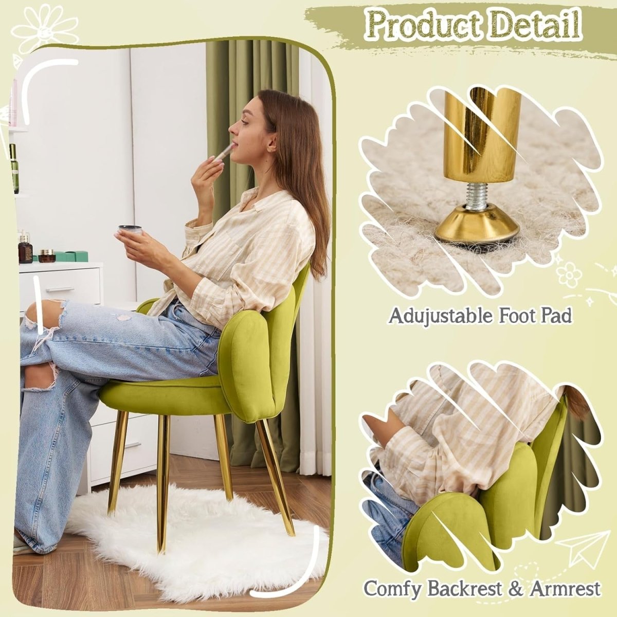 Velvet Accent Armchair Petal Back Vanity Chair Gold Legs Green - Kwikley