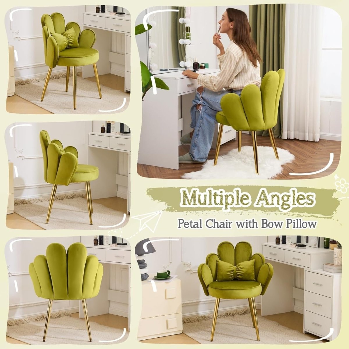 Velvet Accent Armchair Petal Back Vanity Chair Gold Legs Green - Kwikley
