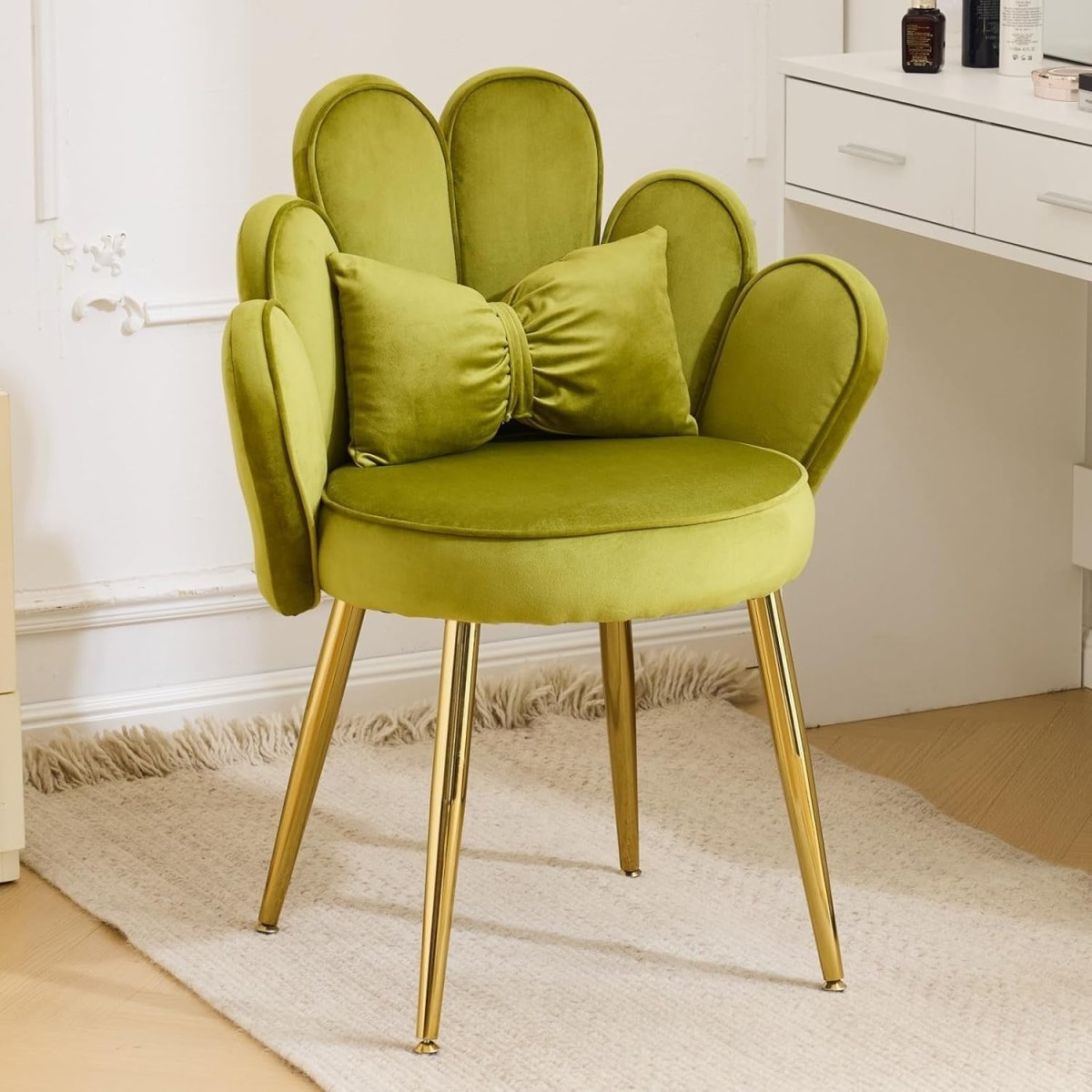 Velvet Accent Armchair Petal Back Vanity Chair Gold Legs Green - Kwikley
