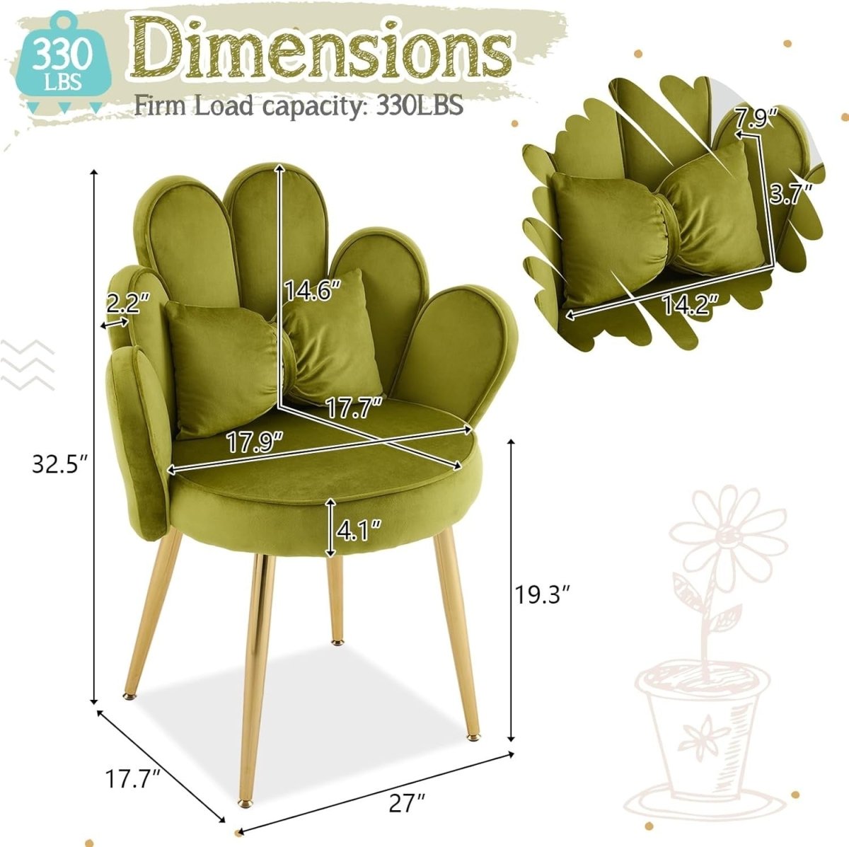 Velvet Accent Armchair Petal Back Vanity Chair Gold Legs Green - Kwikley