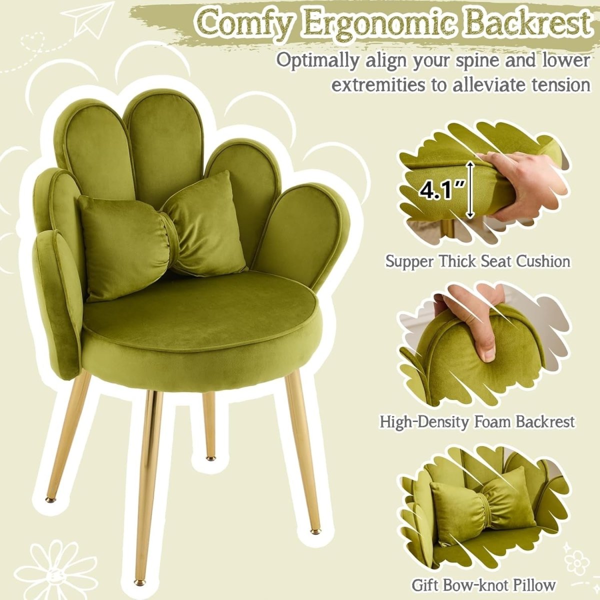 Velvet Accent Armchair Petal Back Vanity Chair Gold Legs Green - Kwikley