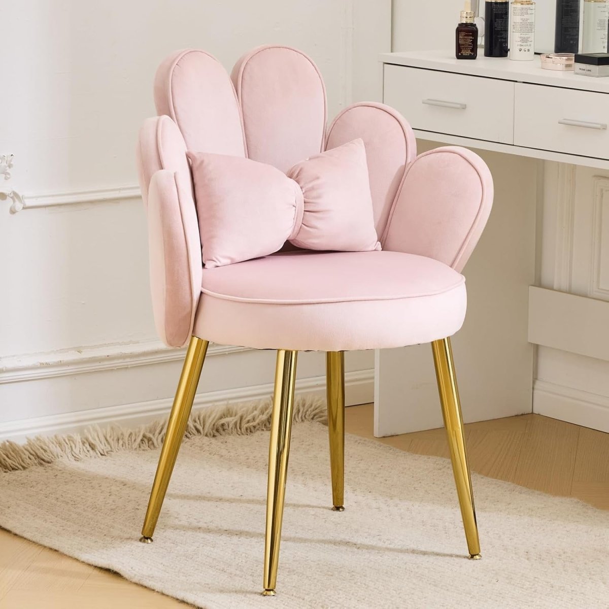 Velvet Accent Armchair Petal Back Vanity Chair Gold Legs Pink - Kwikley