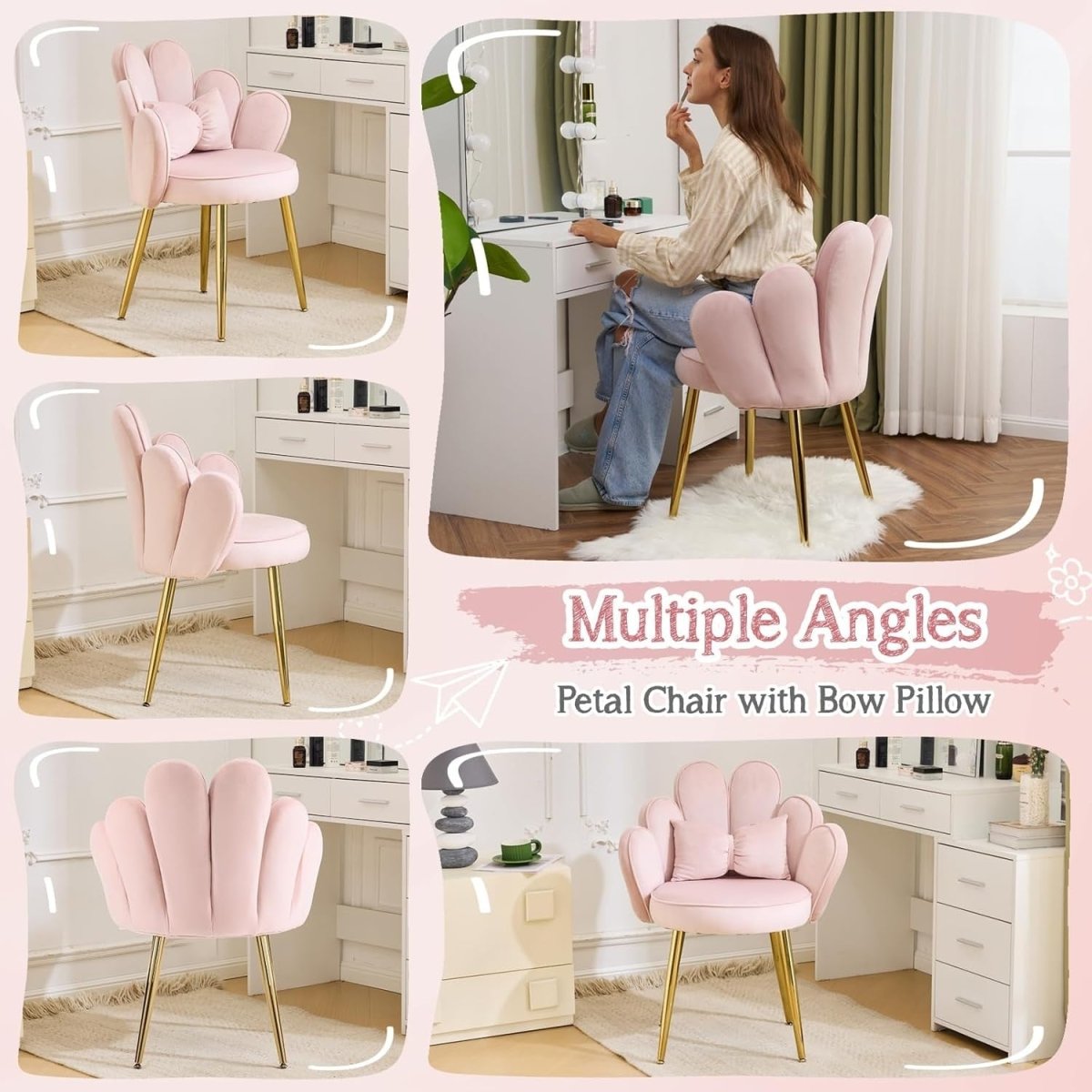 Velvet Accent Armchair Petal Back Vanity Chair Gold Legs Pink - Kwikley