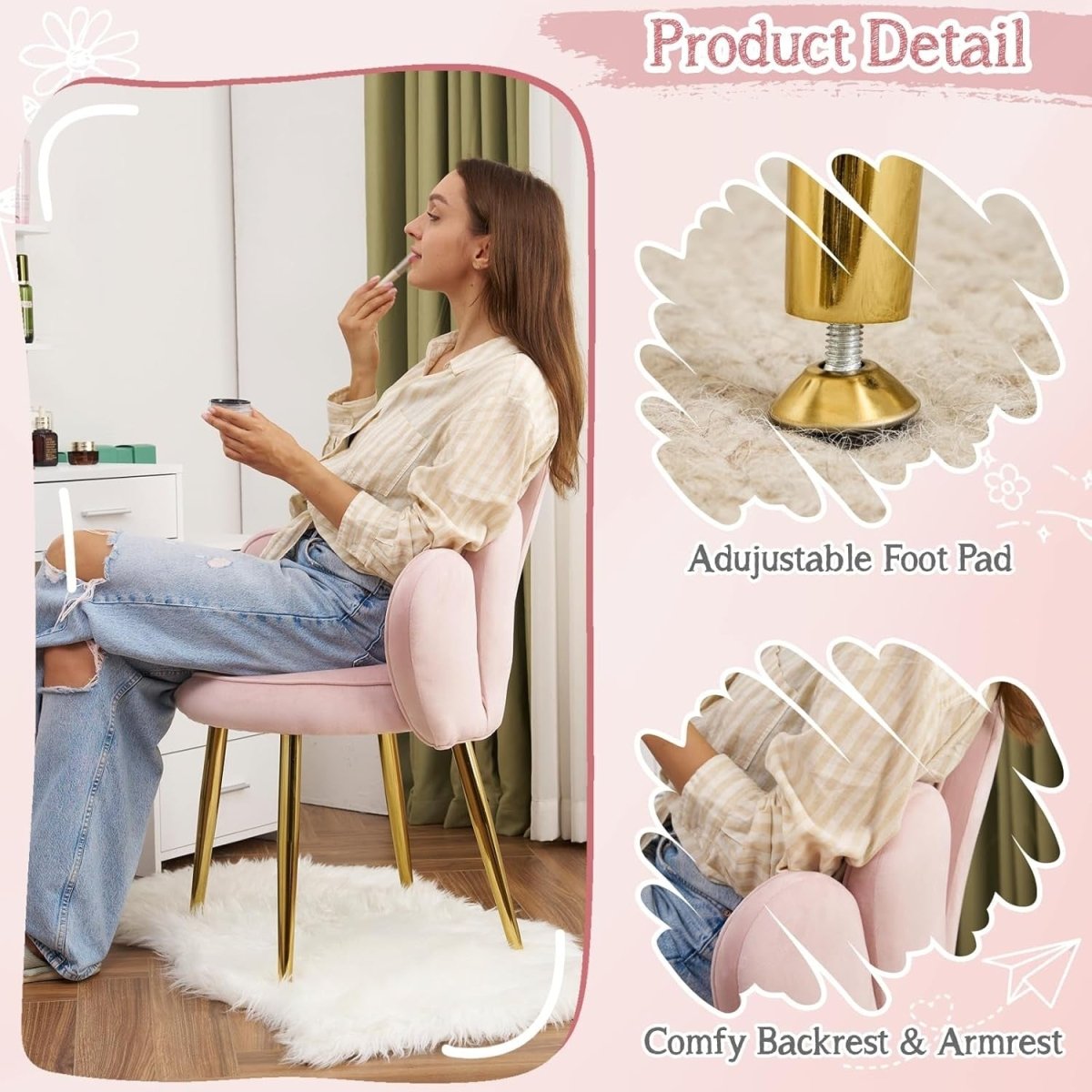 Velvet Accent Armchair Petal Back Vanity Chair Gold Legs Pink - Kwikley