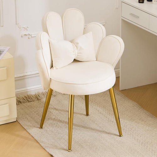 Velvet Accent Armchair Petal Back Vanity Chair Gold Legs White - Kwikley