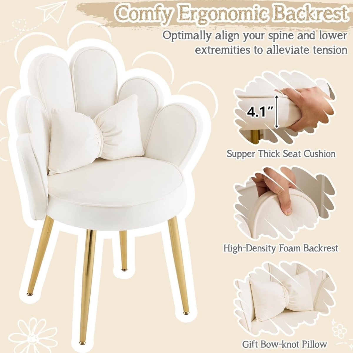 Velvet Accent Armchair Petal Back Vanity Chair Gold Legs White - Kwikley