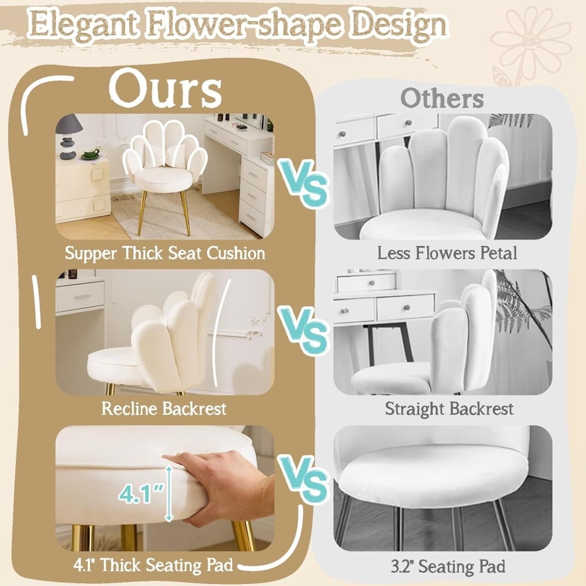 Velvet Accent Armchair Petal Back Vanity Chair Gold Legs White - Kwikley