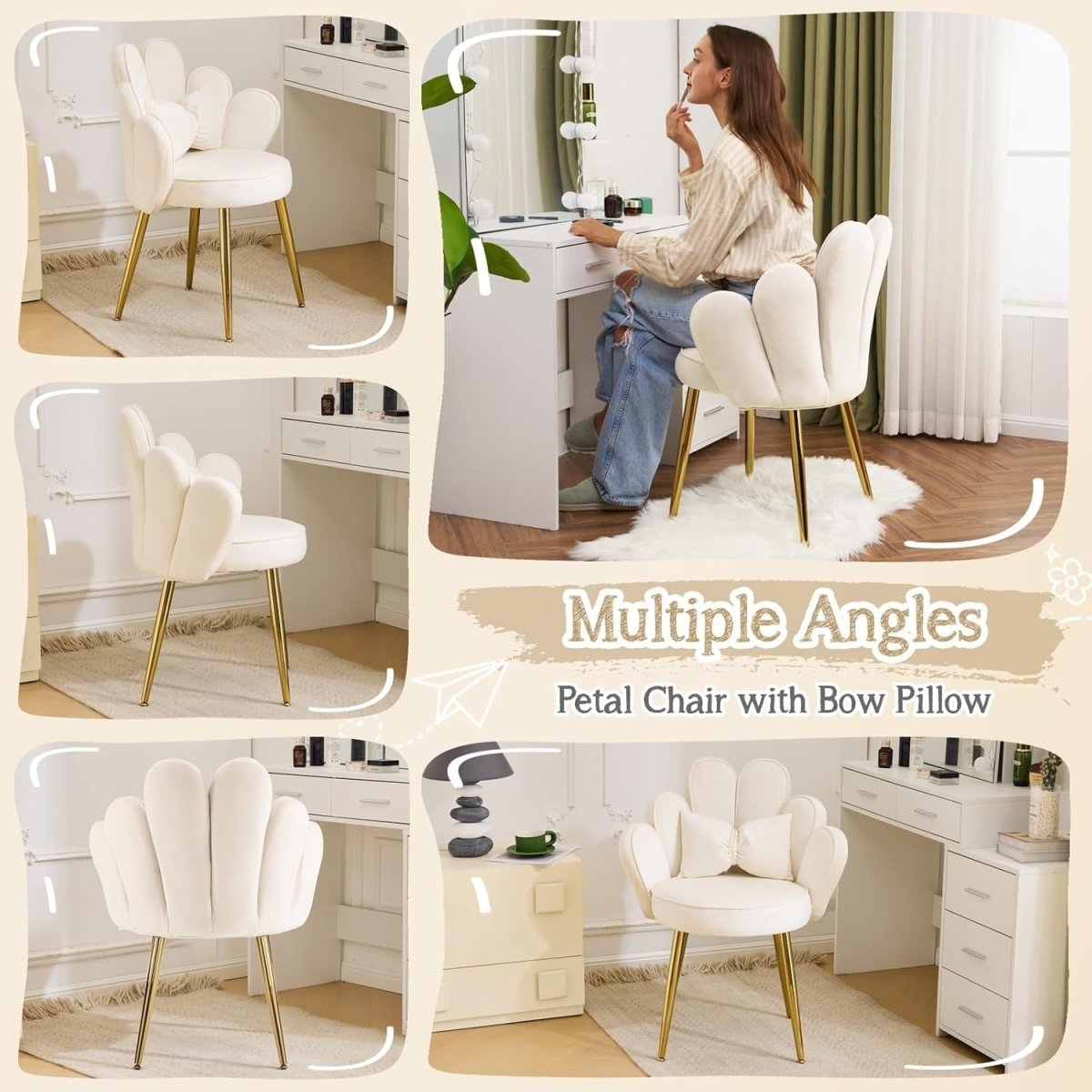 Velvet Accent Armchair Petal Back Vanity Chair Gold Legs White - Kwikley