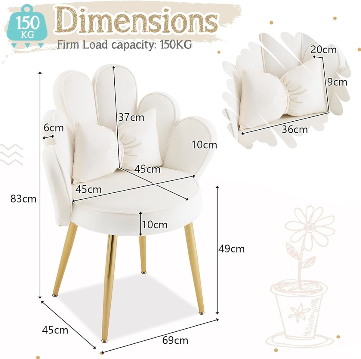 Velvet Accent Armchair Petal Back Vanity Chair Gold Legs White - Kwikley