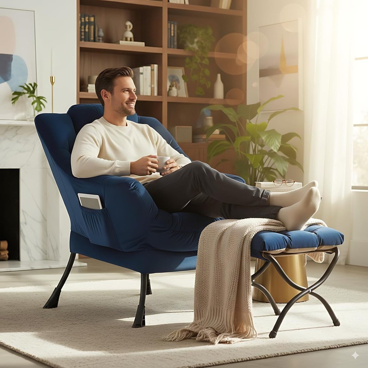 Velvet Accent Armchair with Footstool Ottoman Lounge Chair Blue - Kwikley