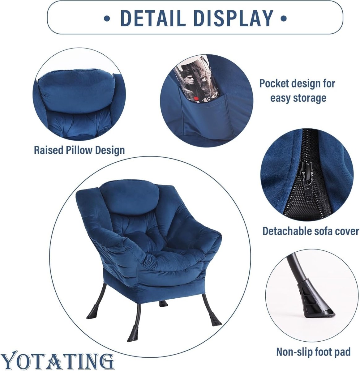 Velvet Accent Armchair with Footstool Ottoman Lounge Chair Blue - Kwikley