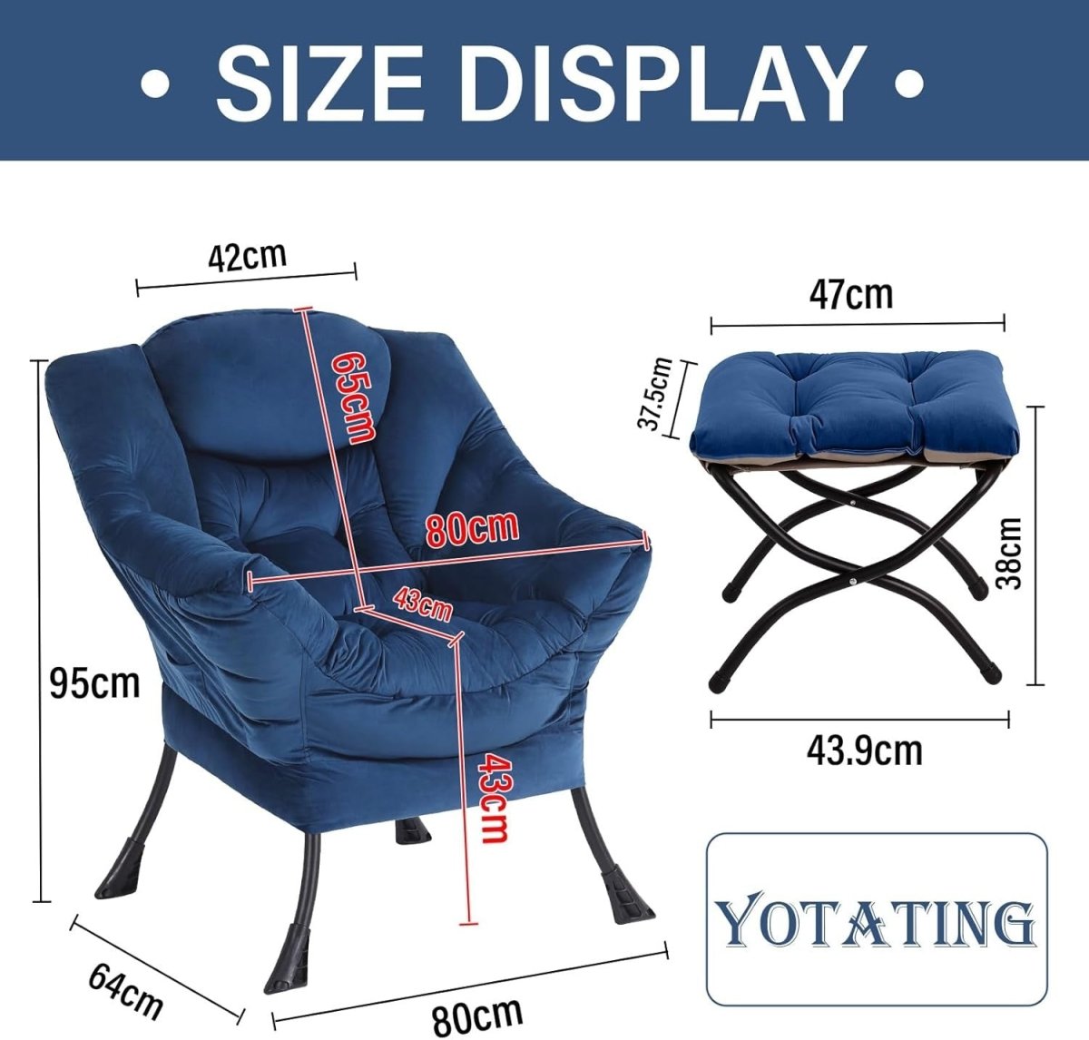 Velvet Accent Armchair with Footstool Ottoman Lounge Chair Blue - Kwikley
