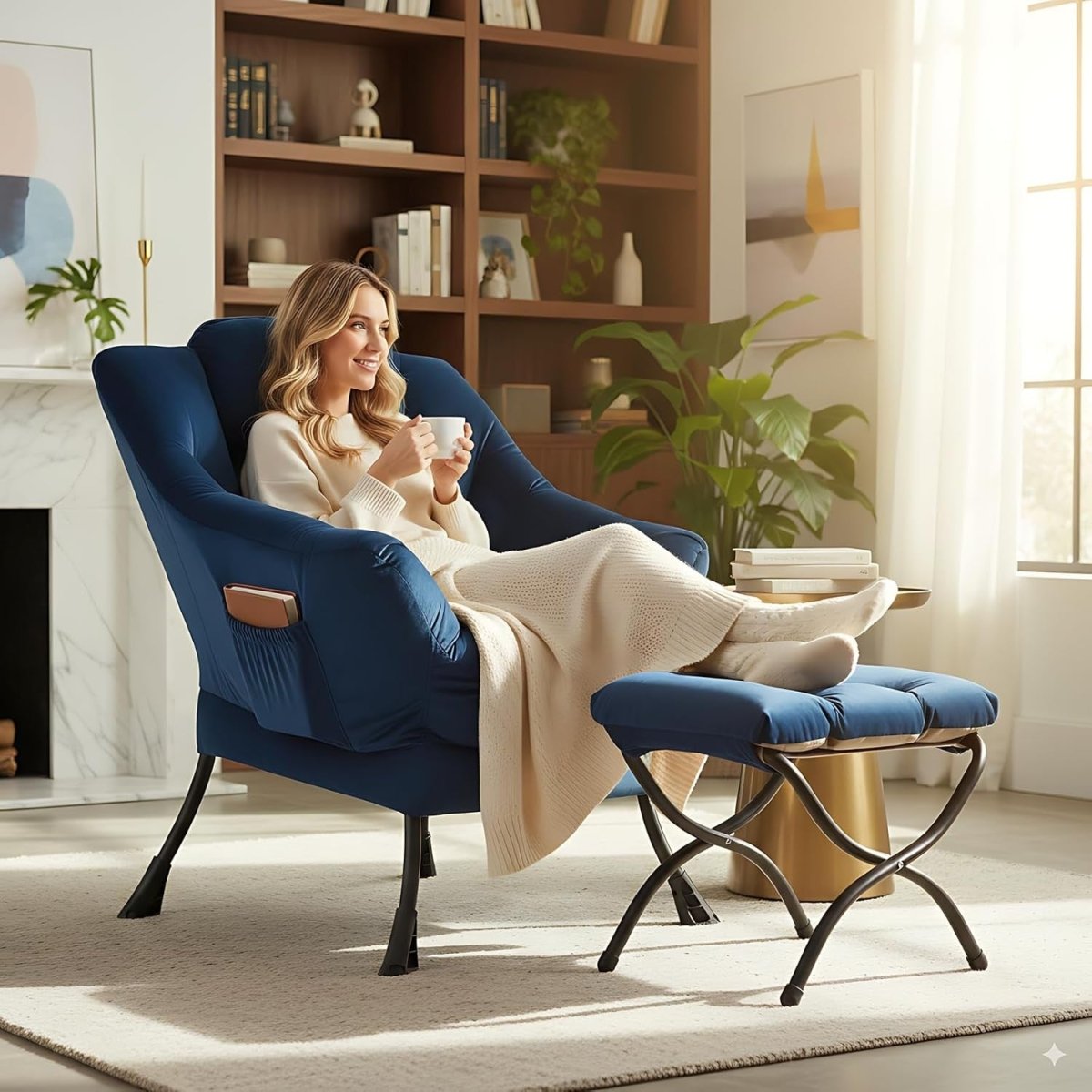 Velvet Accent Armchair with Footstool Ottoman Lounge Chair Blue - Kwikley