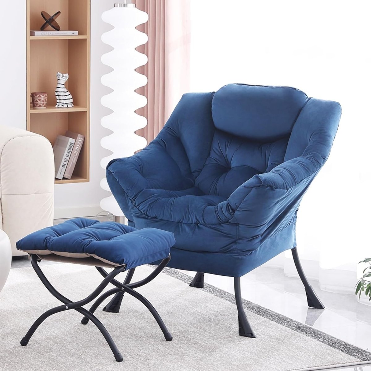 Velvet Accent Armchair with Footstool Ottoman Lounge Chair Blue - Kwikley