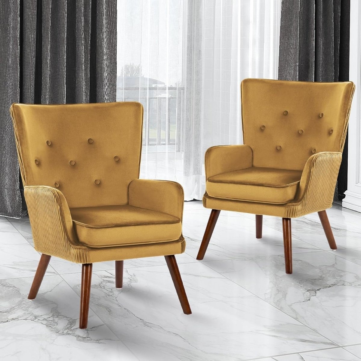 Velvet Accent Chair Armchair Wingback Comfy Seat Reading Lounge Yellow - Kwikley