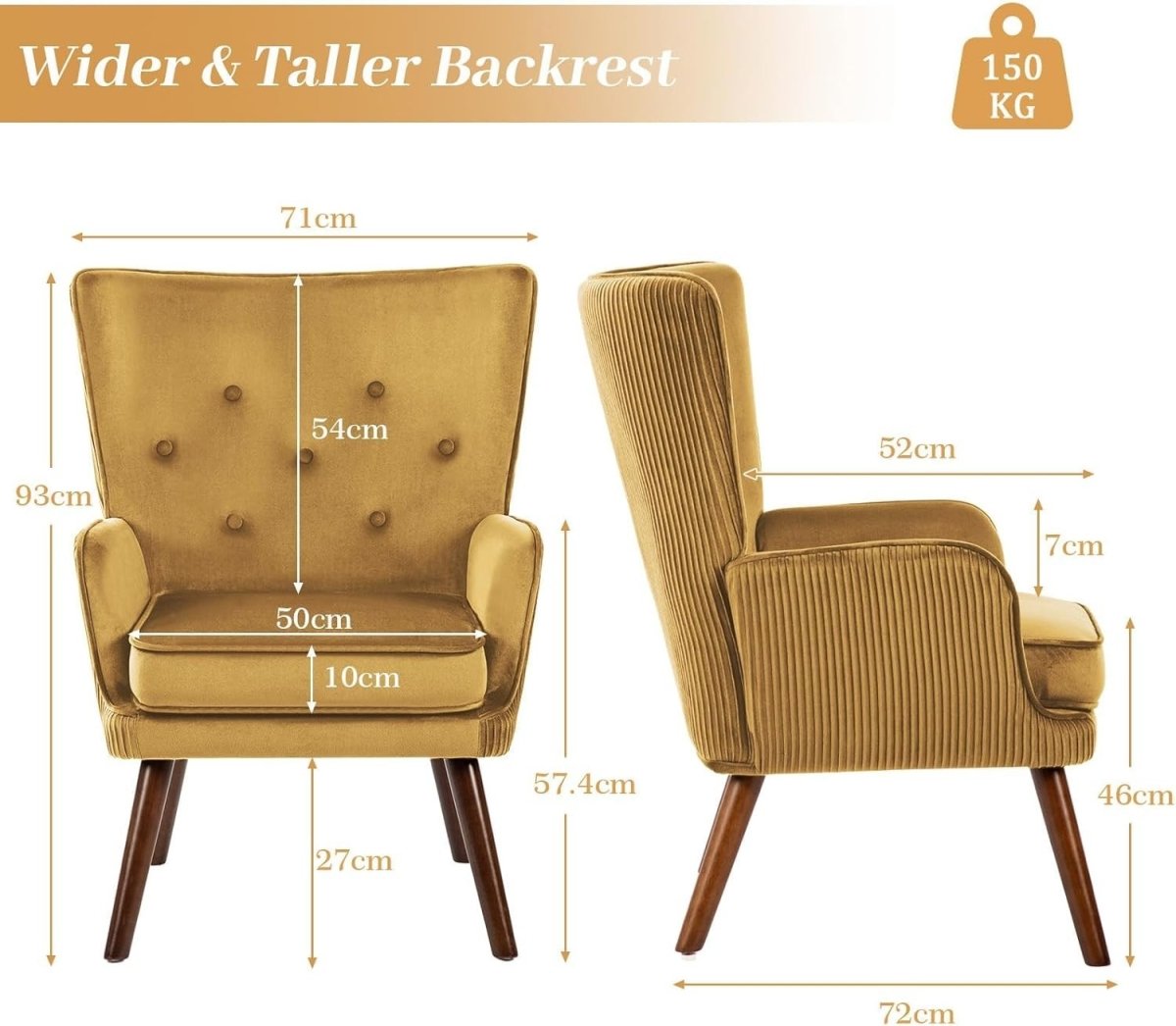 Velvet Accent Chair Armchair Wingback Comfy Seat Reading Lounge Yellow - Kwikley