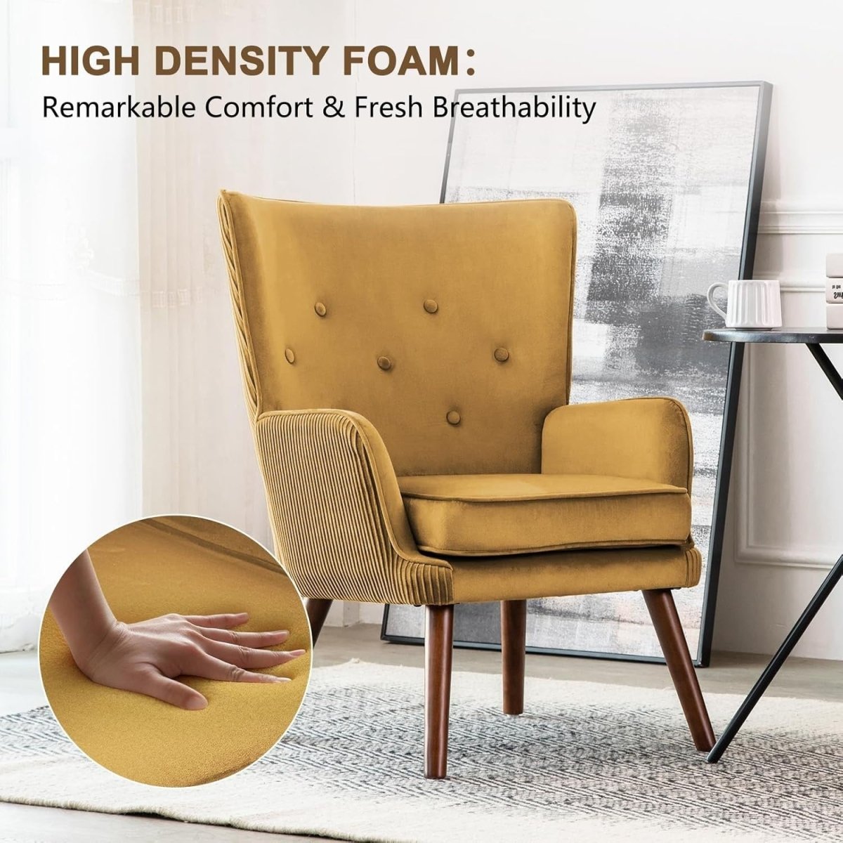 Velvet Accent Chair Armchair Wingback Comfy Seat Reading Lounge Yellow - Kwikley