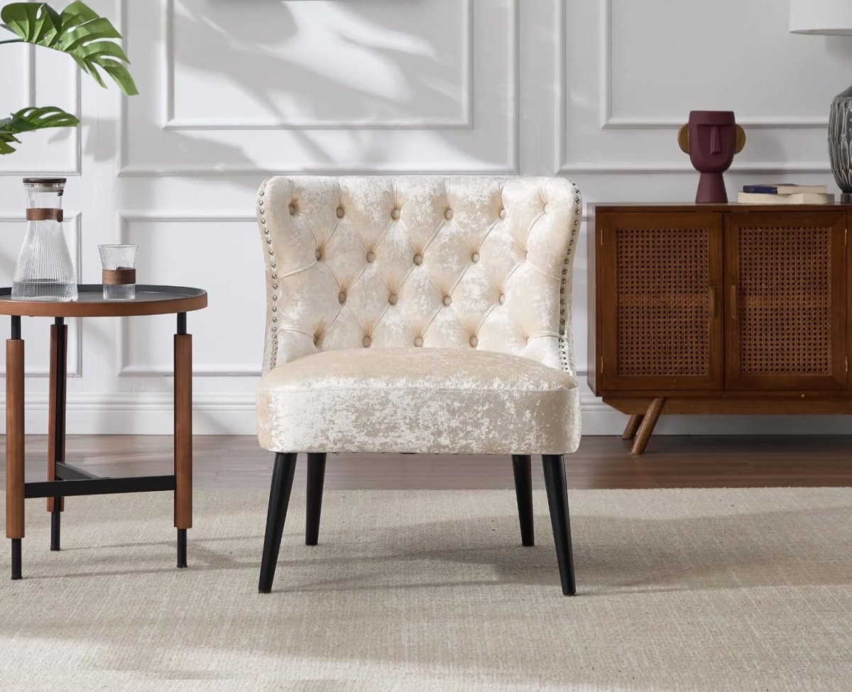 Velvet Accent Chair Beige Upholstered Lounge Chair Wood Legs - Kwikley
