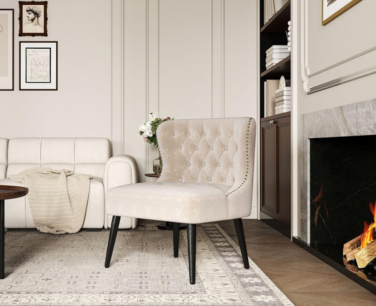Velvet Accent Chair Beige Upholstered Lounge Chair Wood Legs - Kwikley