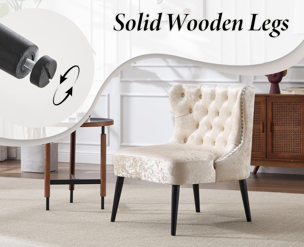 Velvet Accent Chair Beige Upholstered Lounge Chair Wood Legs - Kwikley