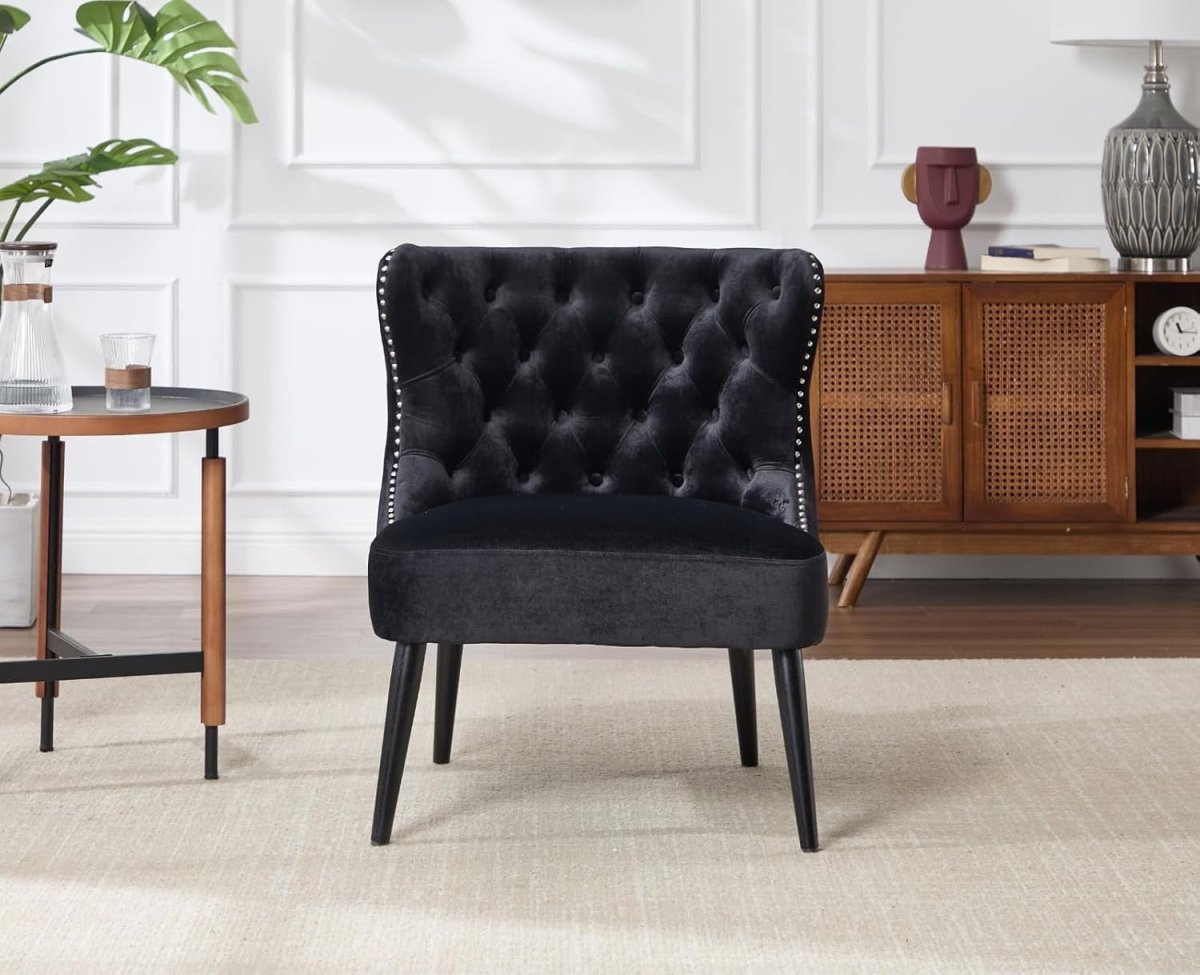 Velvet Accent Chair Black Upholstered Lounge Chair Wooden Legs - Kwikley