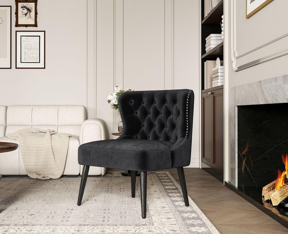 Velvet Accent Chair Black Upholstered Lounge Chair Wooden Legs - Kwikley