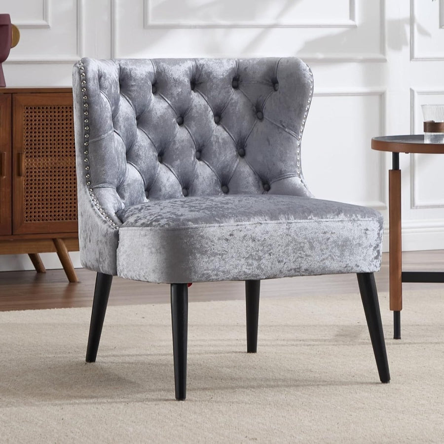 Velvet Accent Chair Grey Upholstered Lounge Chair Wood Legs - Kwikley