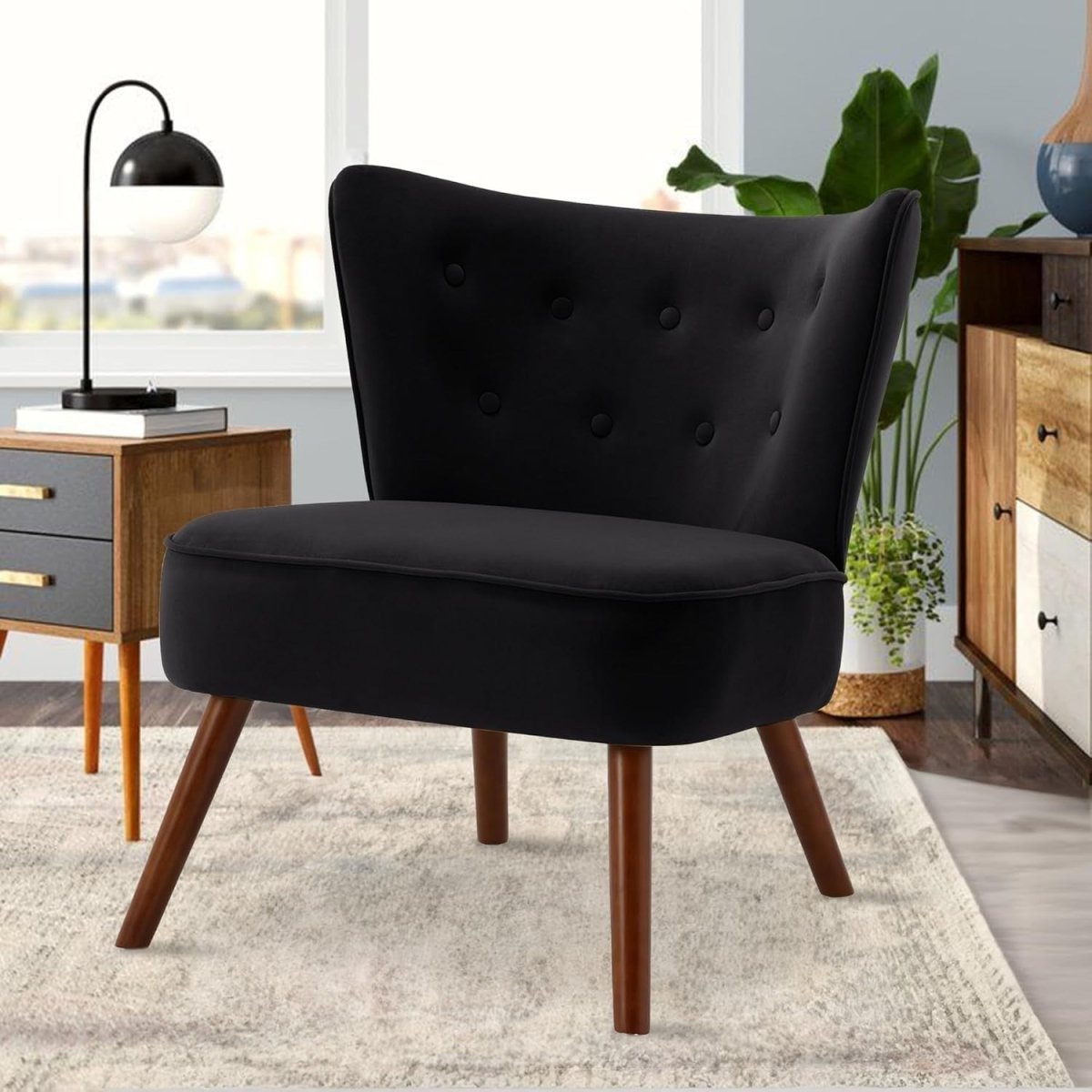 Velvet Accent Chair Modern Armchair Black Tub Lounge Seat Wood Legs - Kwikley