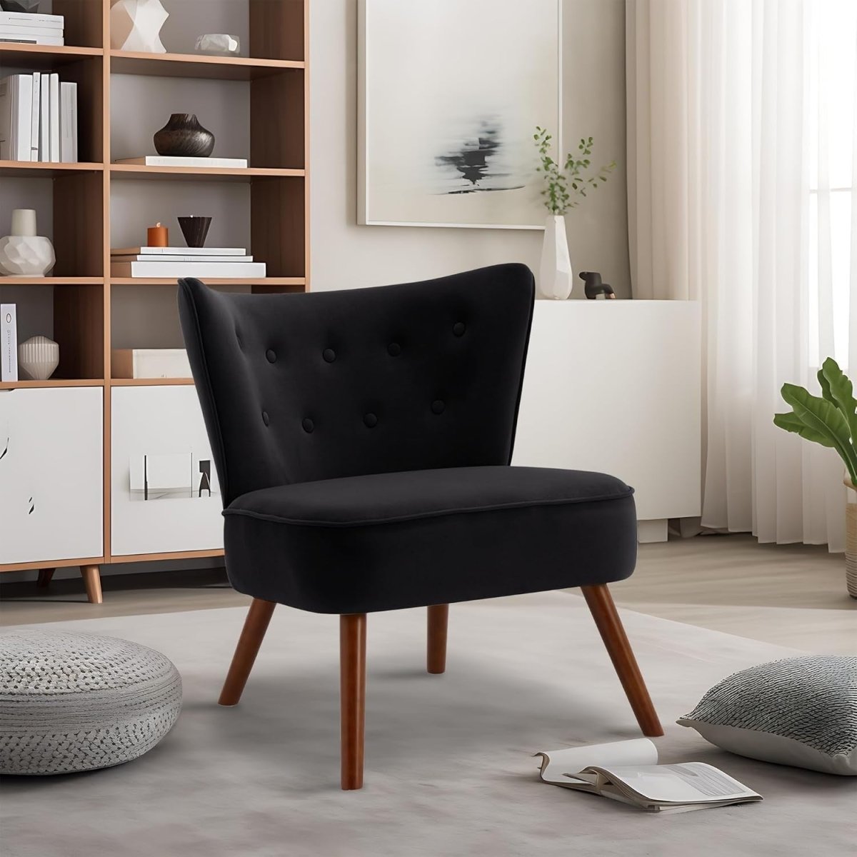 Velvet Accent Chair Modern Armchair Black Tub Lounge Seat Wood Legs - Kwikley