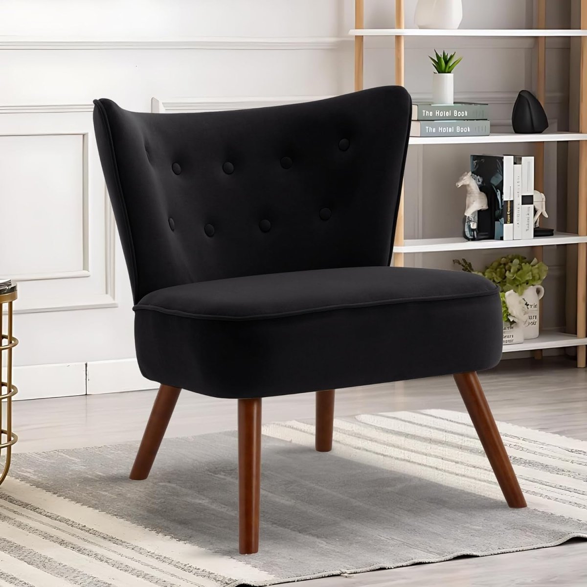 Velvet Accent Chair Modern Armchair Black Tub Lounge Seat Wood Legs - Kwikley