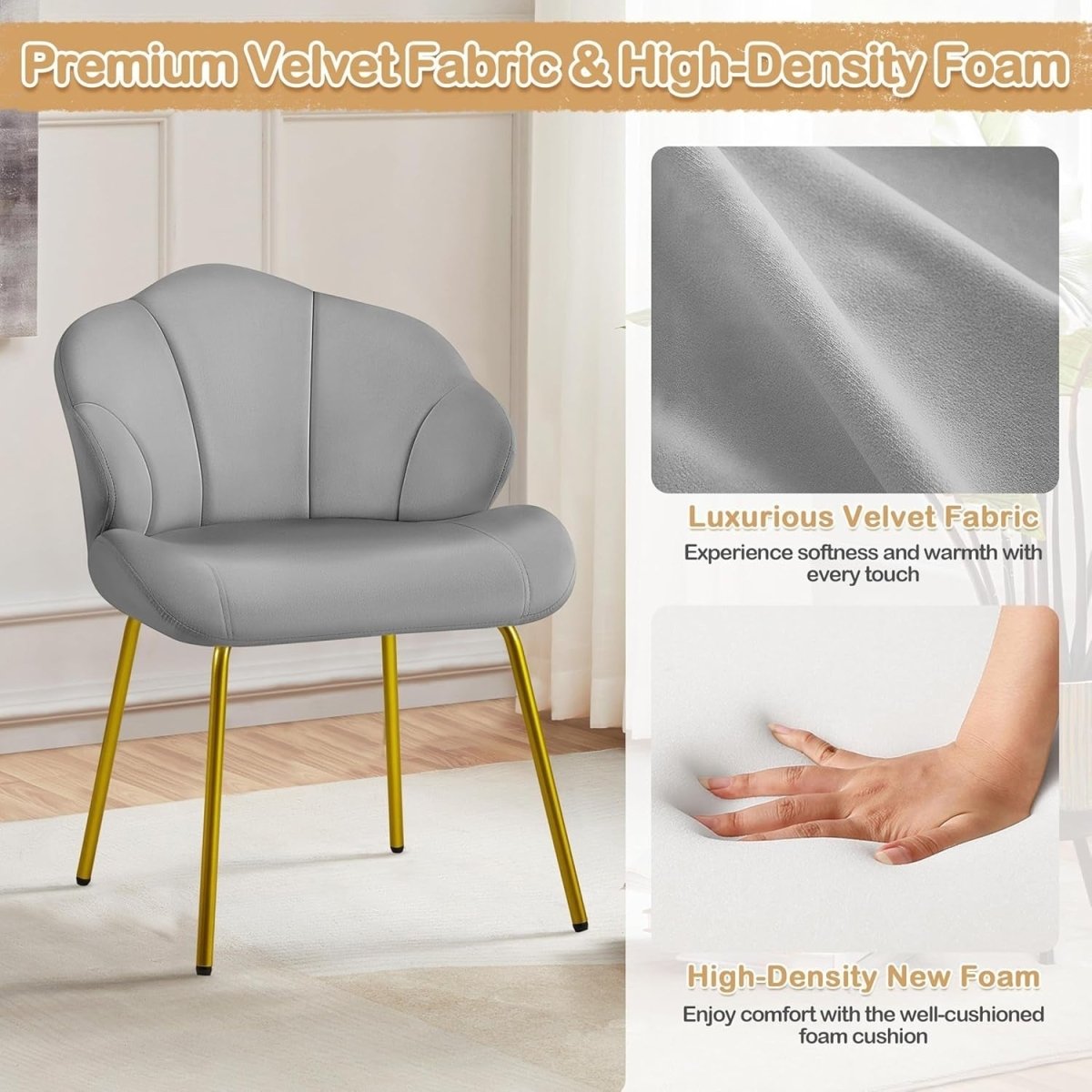 Velvet Accent Chair Shell Back Gold Legs Vanity Lounge Bedroom Grey - Kwikley