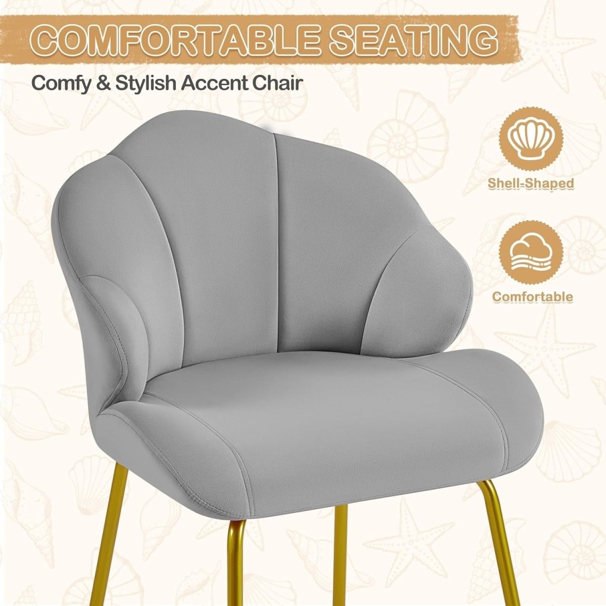Velvet Accent Chair Shell Back Gold Legs Vanity Lounge Bedroom Grey - Kwikley